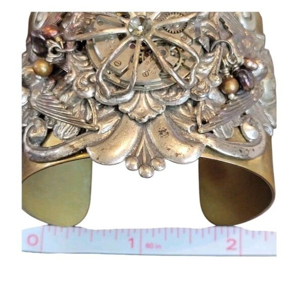 Steampunk Large Cuff Bracelet Brass & Silver Tone Watch Gear Art Nouveau Design - Picture 5 of 11